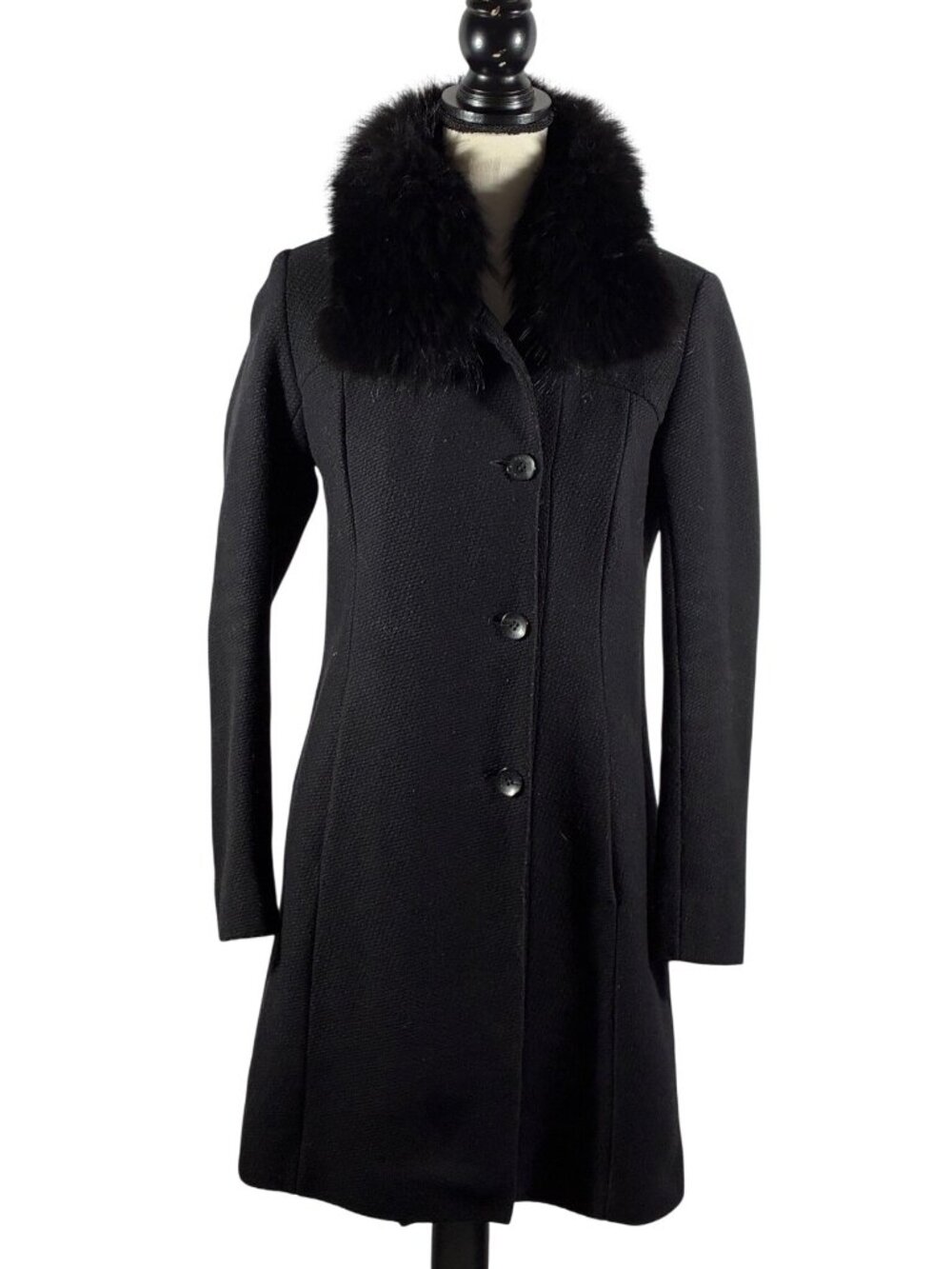 Andrew Marc Womens Black Wool Pea Coat W/ Fur Collar Italy Size 4 lux old Money